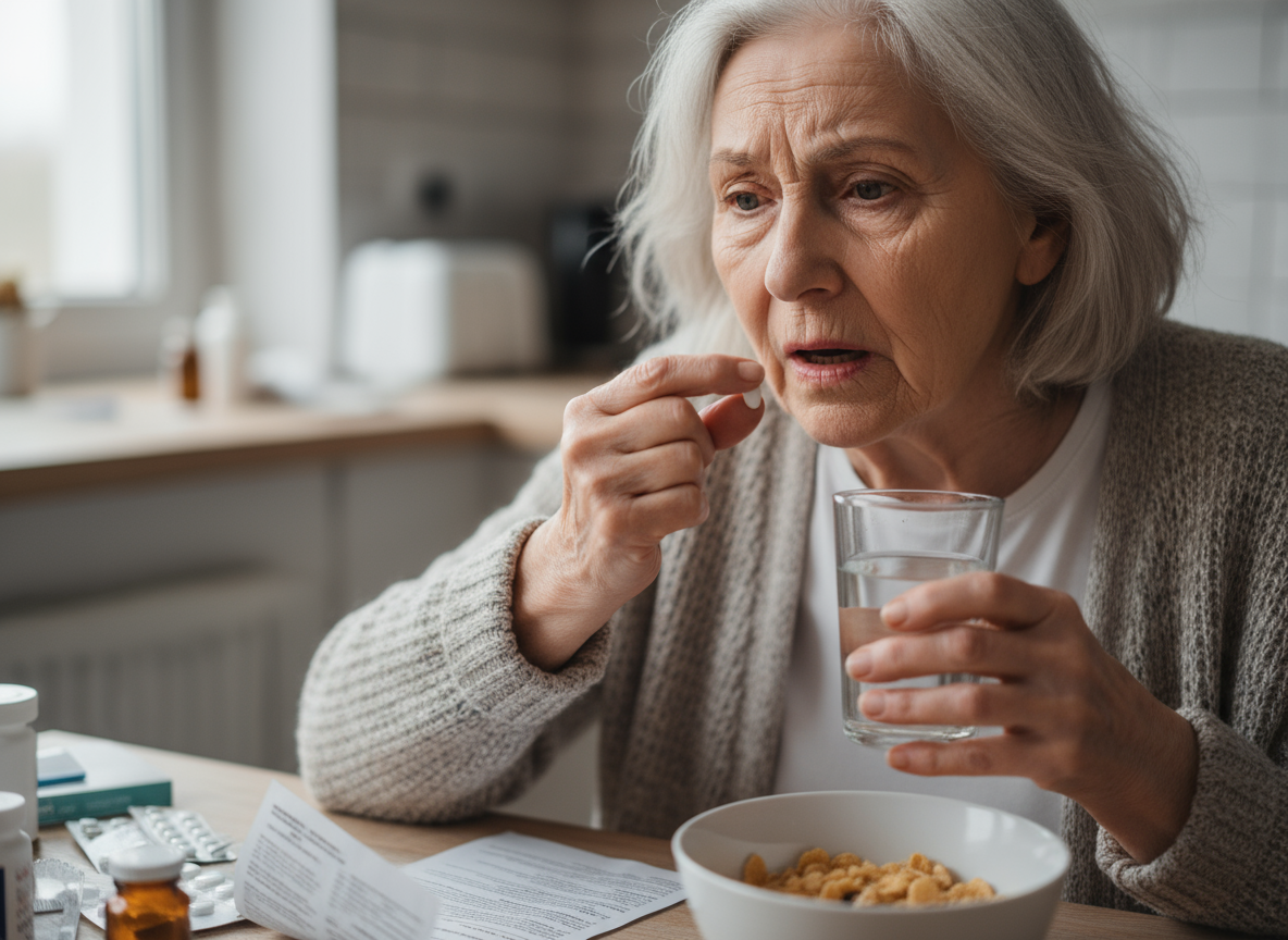 Firefly_Gemini Flash_Older women taking a pill and looking confused 260576
