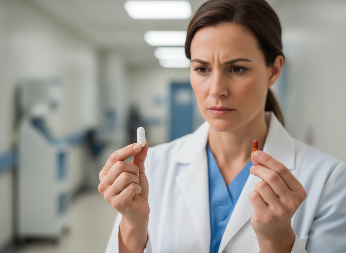 Firefly_Gemini Flash_a nurse holding two pills trying to decide which one to give 605499