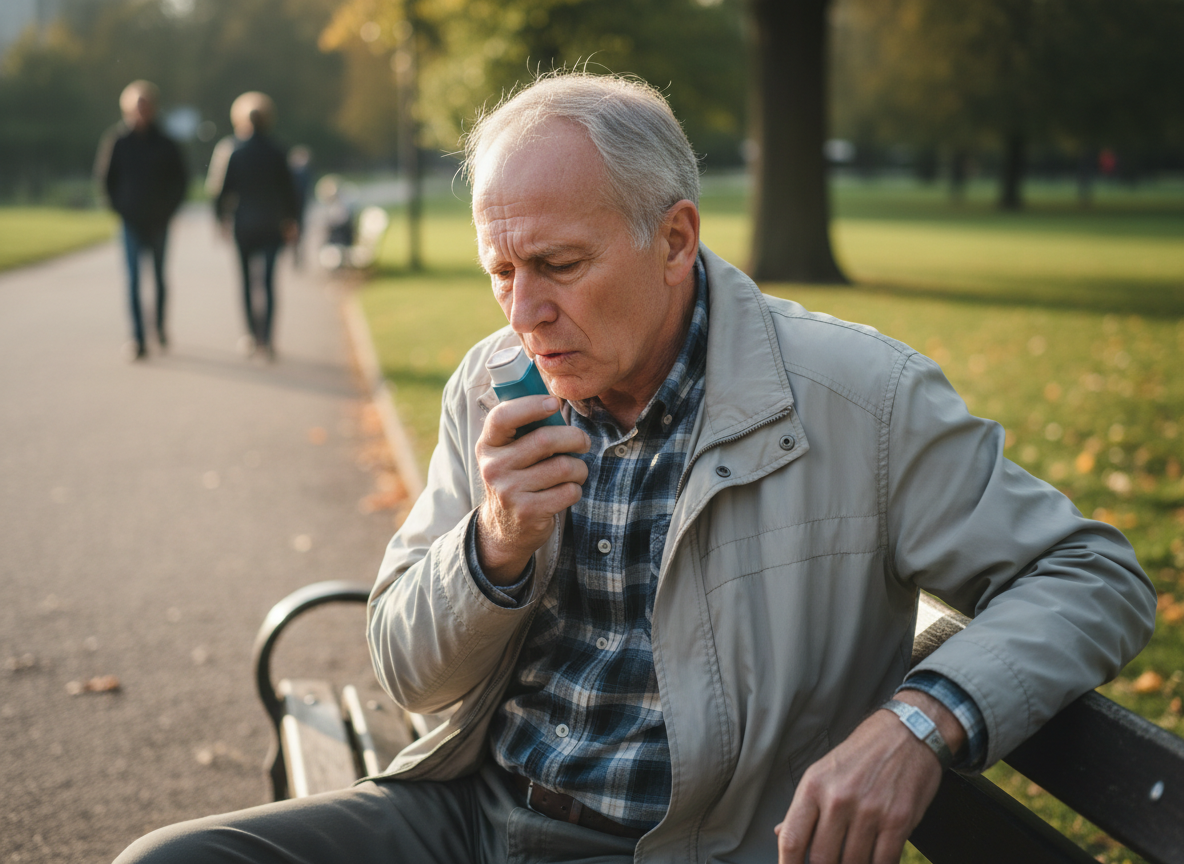 Firefly_Gemini Flash_62 year old male using an inhaler who has difficulty breathing 375776