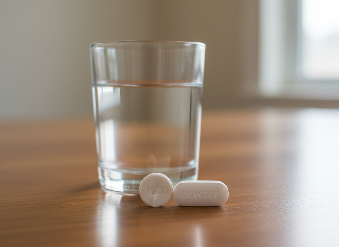Firefly_Gemini Flash_an image of carafate tablet and synthroid 100 mcg tablet on a table with a glass of w 799155