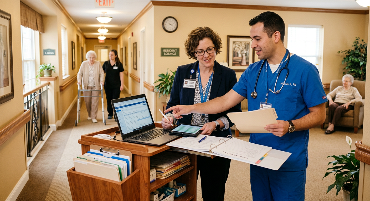 Firefly_GeminiFlash_a surveyor working with a nurse inside an assisted living facility 739677