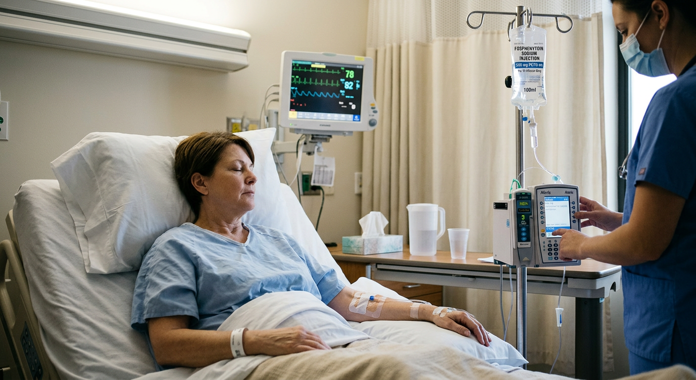 Firefly_GeminiFlash_patient in hospital bed receiving iv fosphenytoin 523305