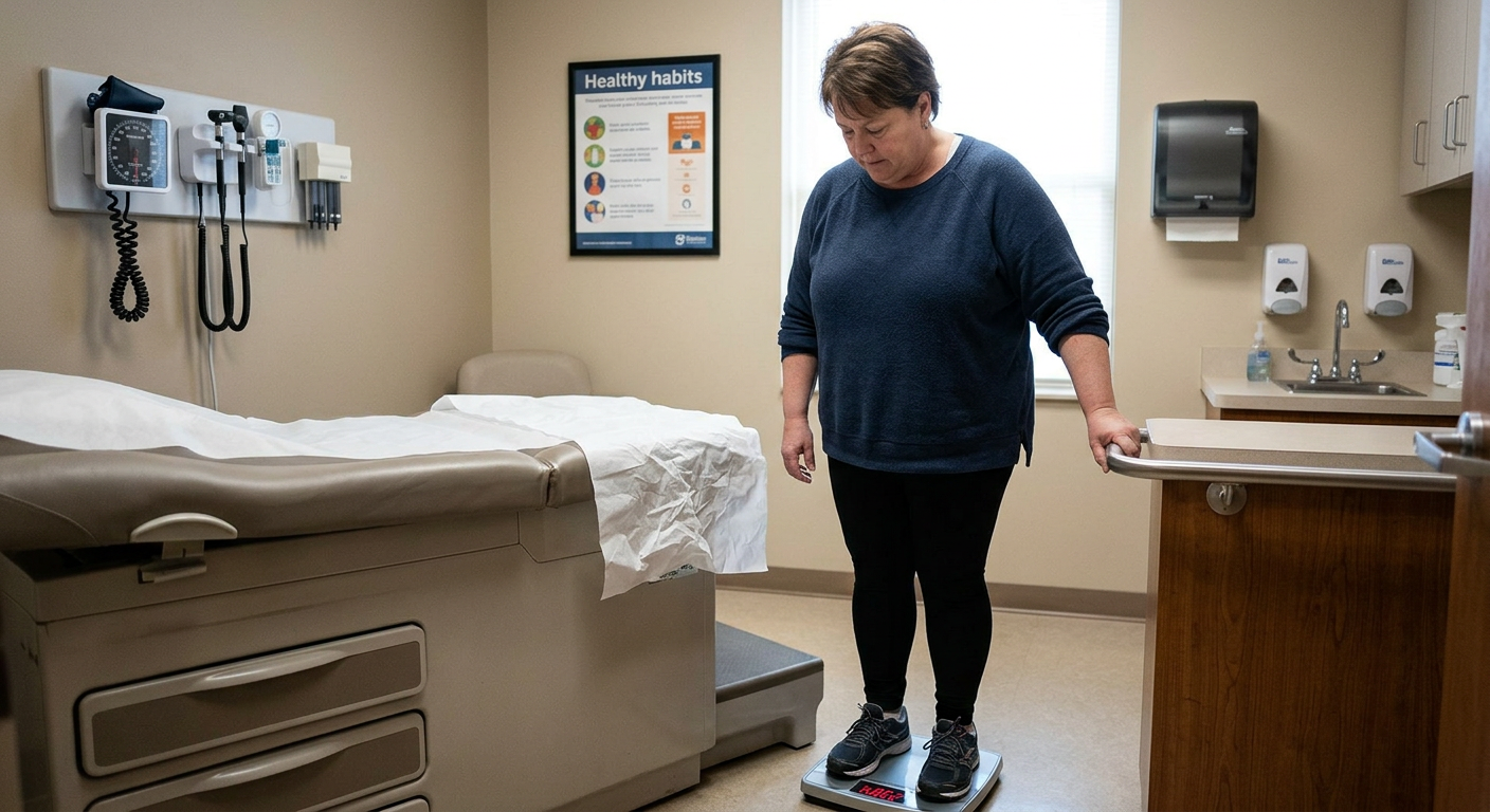 Firefly_Gemini Flash_overweight patient on a scale weighing themselves 707966